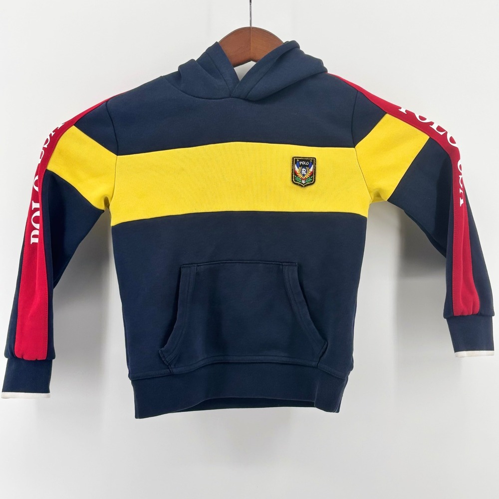 Polo Ralph‎ Lauren Kids Navy Yellow Colorblock Crest Hoodie Sweatshirt Size 6